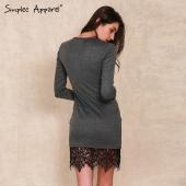 simplee elegante Spitzen Gray Bodycon Kleid Weihnachten Abend Party lange Ärmel Winter Kleid lässig ropa d Damen