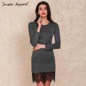 simplee elegante Spitzen Gray Bodycon Kleid Weihnachten Abend Party lange Ärmel Winter Kleid lässig ropa d Damen