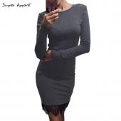 simplee elegante Spitzen Gray Bodycon Kleid Weihnachten Abend Party lange Ärmel Winter Kleid lässig ropa d Damen