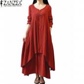 lässig solide Herbst Kleid elegant Verlieren Damen voll Ärmel Hals Kleid Cotton Linen boho lange Maxi Kleid Vestid