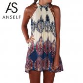 anself Mode Damen boho Kleid Sommer Locker gedruckten Schulterfreien Minikleid plus Size Stil mit zwei Damen Kleidung