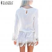 neue Sommer Stil Damen Kleid o Hals Spitzen Tassel Chiffon Strand Mini Kleider im Weissen kurze Party Vestidos