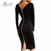 Bodycon Scheide Kleid Schwarze lange Ärmel Partykleider Damen Kleidung wieder voll reißverschluss Gewand sexy Femme