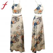 feitong Mode Sommer lange Maxi Kleid mit sexy Damen kreuz rückenfrei boho Halterneck Blumenmustern 2 Stück hat part