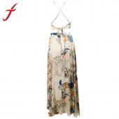 feitong Mode Sommer lange Maxi Kleid mit sexy Damen kreuz rückenfrei boho Halterneck Blumenmustern 2 Stück hat part