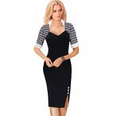 schön ewig Polka Dots Eleganten Damen Patchwork Tasten Platz Hals Scheide Kleid tragen zur arbeit an split bleistif