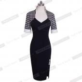 schön ewig Polka Dots Eleganten Damen Patchwork Tasten Platz Hals Scheide Kleid tragen zur arbeit an split bleistif