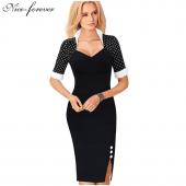 schön ewig Polka Dots Eleganten Damen Patchwork Tasten Platz Hals Scheide Kleid tragen zur arbeit an split bleistif