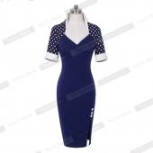 schön ewig Polka Dots Eleganten Damen Patchwork Tasten Platz Hals Scheide Kleid tragen zur arbeit an split bleistif