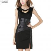 sexy Damen Sommer Party Kleid Schwarze pu Leder Patchwork Ärmellose Bodycon elegante slim BleiStift arbeit