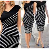 neue Mode Mädchen Damen Kleid lässig kurze Ärmel Top Gestreiften Bodycon BleiStift Midi Kleider xe3360 s10