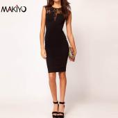 Makiyo Sommer heiß Ärmellose Patchwork Spitzen BleiStift Kleid für Damen elegant der Knielangen Bodycon Kleid