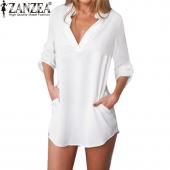 sexy Sommer Damen gegen Hals Chiffon Party Dress casual lange Ärmel Locker Mini kurzen Hemd Kleider Vestidos