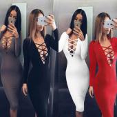 Vestidos Baumwolle Damen fesseln Herbst Bodycon Party Kleid sexy Tiefe v Hals durch lange Ärmel Night Club Verband