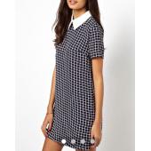 Damen im karierten Kleider ab Kragen Vestidos kurze Ärmel direkt Weiss Collor Arbeiten Damen Kleid tragen qz7