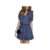 lässig Sommerkleid Mandarin Kragen Hals elastischen kurze Ärmel Print Strand Kleider Sommer Vestidos FeMininos * 35