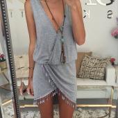 lässig Sommerkleid FRinge Tassel Kleider sexy Grau Hals tulip kittel Taille wrap Damen Sommerkleid Vestido Weste