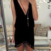 lässig Sommerkleid FRinge Tassel Kleider sexy Grau Hals tulip kittel Taille wrap Damen Sommerkleid Vestido Weste