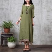 Mode Cotton Linen Vintage Kleid im Herbst so lange Maxi Kleider Damen Locker boho Vestidos plus Size