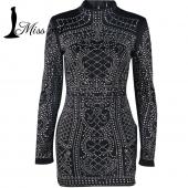 kostenLoser Versand sexy Geometrische retro Strass alkohol Bodycon engen Kleid mit langen Ärmeln ft2838 Party Kleid