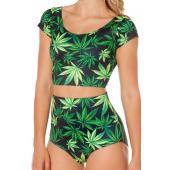 Tankini Gras hinterlässt süß sexy kurze Ärmel Taillenlang Top 2PCs Badeanzüge flaterRing rouches Damen Beach