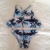 Print Blumen palme Bikini Setzen Halter Pflanzliche Top hängen Hoch Hals Bikinis Set Drücken die Badehosen Damen