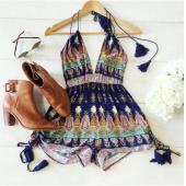 sexy Damen mit hoher Taille Rompers Sommer Overall aus multi Riemen Print rückenfrei Playsuit Shorts Overalls