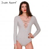 Bekleidung aus gewirken simplee Winter sexy Bodysuit Tiefe v Neck lange Ärmel Herbst Playsuit Spitzen Damen kurze