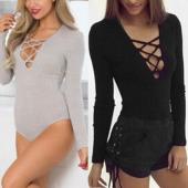 Damen Lady 1x Hochwertige wunderbar s m l sexy Bodycon kreuz Tiefen v lange Ärmel Top Bluse Tee Playsuit