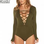 Mode Frühling im Herbst sexy Tiefe v Hals Rompers Womens Overall Bodysuit lange Ärmel solide Tops Femininas