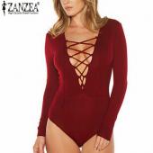 Mode Frühling im Herbst sexy Tiefe v Hals Rompers Womens Overall Bodysuit lange Ärmel solide Tops Femininas