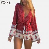 yoins neue boho gedruckten Damen Overall sexy v Hals Strampler lange Ärmel Bodysuit Krawatte Taille Rompers xxxl overal