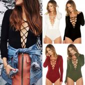 sexy Damen stürzen Lace up Krawatte Bodysuit Hals vor sich Playsuit Turnanzug Overall Overall heißes Verkauf