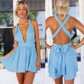 Damen Playsuit latzhosen sexy Sommer Mode im Tiefen v Hals Ärmellose rückenfrei hohe Taille solide Chiffon