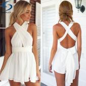 Damen Playsuit latzhosen sexy Sommer Mode im Tiefen v Hals Ärmellose rückenfrei hohe Taille solide Chiffon