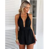 Damen Playsuit latzhosen sexy Sommer Mode im Tiefen v Hals Ärmellose rückenfrei hohe Taille solide Chiffon