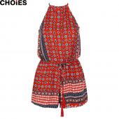 Damen Summer Style folk Fingerabdrücke Strampler Rot Blau der azteken Ärmellose Schulterfreien Playsuit Overalls