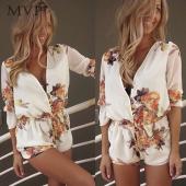 Sommer Overall Frau Print Chiffon Overalls Baumwolle Blume Hals Rompers sexy HochZeit Playsuit mit Button