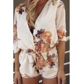 Sommer Overall Frau Print Chiffon Overalls Baumwolle Blume Hals Rompers sexy HochZeit Playsuit mit Button