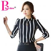 neue Koreanischer Stil Mode süß Hebt lange Ärmel Gestreiften Bodysuit Chiffon Bluse plus Size Damen büro Hemden