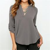 neue Sommer sexy Damen Hals Chiffon Bluse Locker lange Ärmel der Stil Tops und Feste Grösse s m l xl 2xl