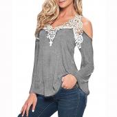 Spitzen Patchwork Bluse Damen casual Baumwolle sexy Schulter ab Hals Hemd Damen lange Ärmel und größ