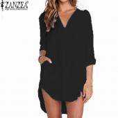 Femininas sexy Damen Grosse Weisse Hemden Kleid mit langen Ärmel Tasche lässig Bluse Maximal plus Size Mini