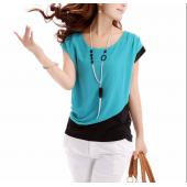 kostenLoser Versand neuen Sommer Damen Lady Chiffon Crew Neck Schwarze und Blaue Farbe Verlieren 2block Bluse