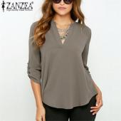 Femininas neue Damen Hals solide Chiffon Bluse sexy Lady lange Ärmel blUSA Mode Blusen Hemd 5 Farben