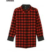 choies Damen Rot karierten Polka Dots gesäumten dreh Kragen Longarm Shirt Bluse im lager schnell Schiff s l Frühjahr