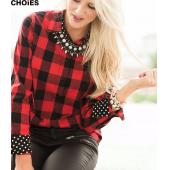 choies Damen Rot karierten Polka Dots gesäumten dreh Kragen Longarm Shirt Bluse im lager schnell Schiff s l Frühjahr