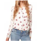 Rote Lippen Print Weissen Kragen Mode aus Chiffon Bluse Lady Shirt Langarm Hemd Damen Bluse Versandkosten