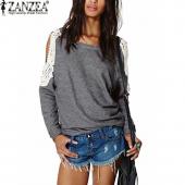 im Frühjahr Damen sexy Spitzen lässig Häkeln Schulter ab lange Ärmel Hemden Bluse Hoodies SweaT Shirts und größ