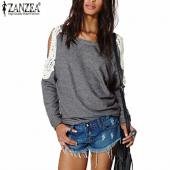 Herbst Damen sexy Spitzen lässig Häkeln Splice Schulter ab lange Ärmel Tops Hoodies Sweat Shirt und Grösse